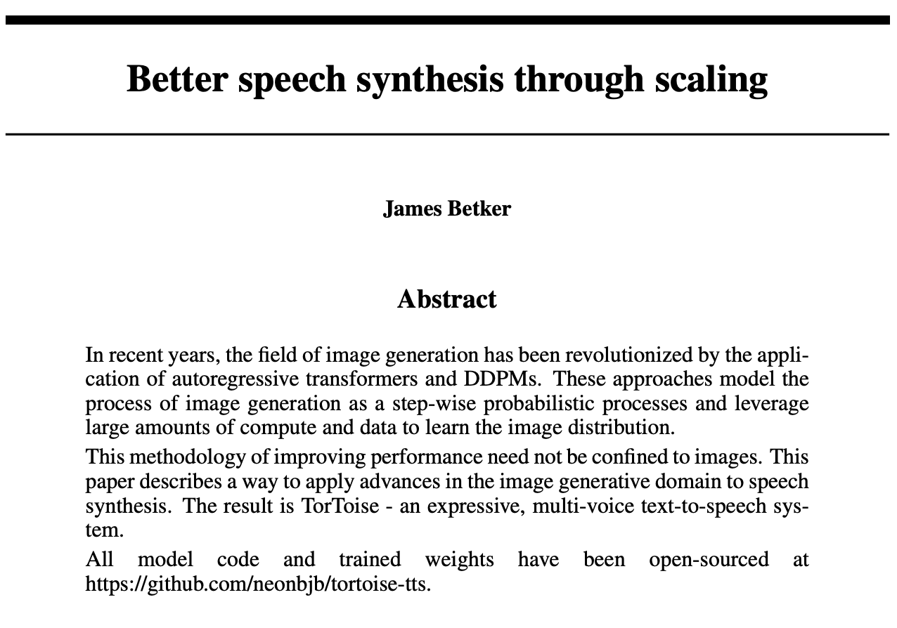 First page of the paper Better speech synthesis through scaling by James Betker, showing the abstract