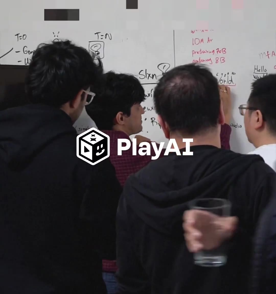 PlayAI team at a whiteboard, with the PlayAI logo over the footage