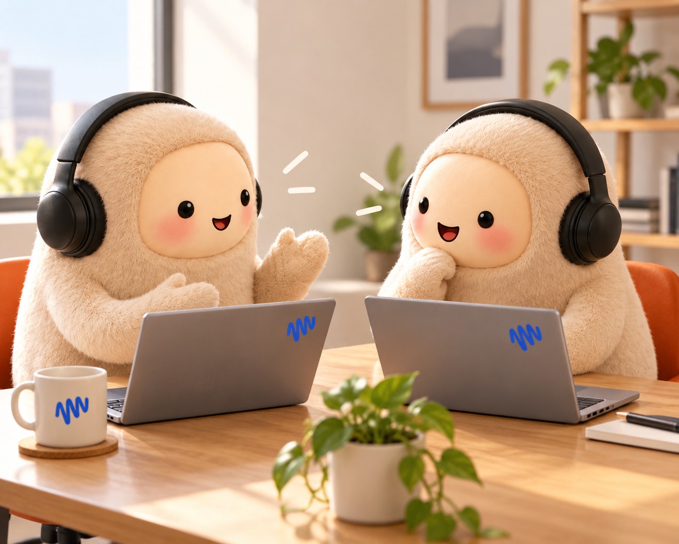 Muse illustration: two fluffy cream-coloured characters in headphones chatting at laptops with a blue waveform logo, in a sunny office